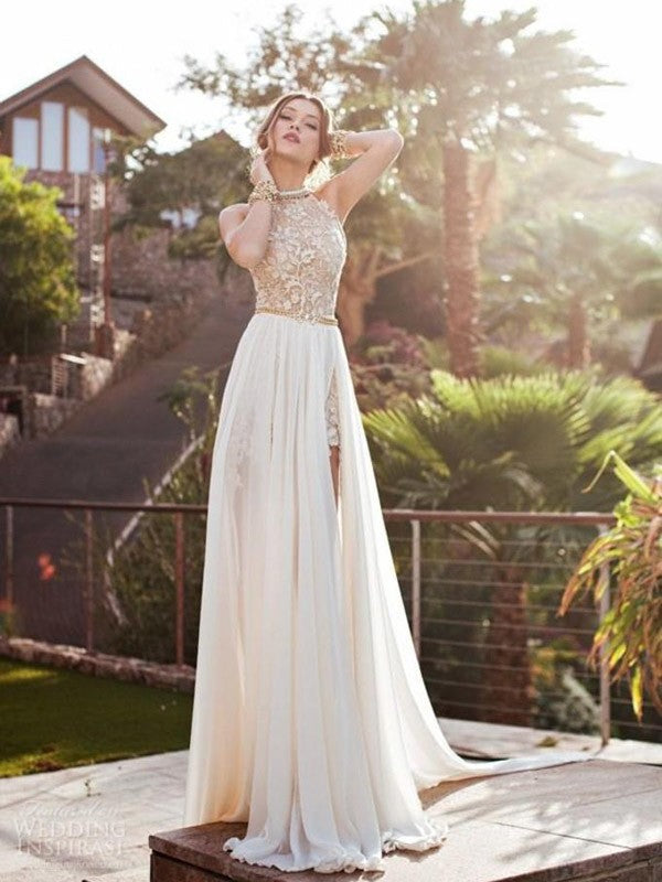 Vestidos de graduación de gasa de encaje sin mangas con cuello halter elegante/línea A