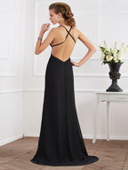 Vestidos largos de gasa sin mangas con escote halter y corte en A/elegantes.