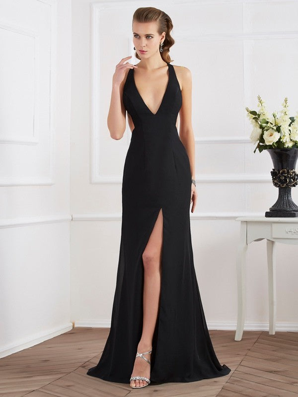 Vestidos largos de gasa sin mangas con escote halter y corte en A/elegantes.
