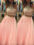 Vestidos de graduación de dos piezas con corte en A, elegantes, sin mangas, de tul, con cuentas y largo hasta el suelo.