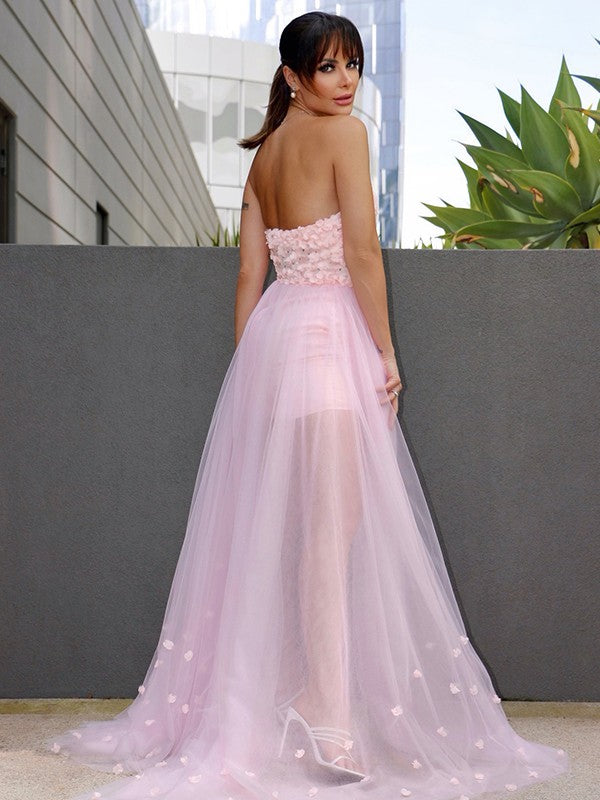 Vestidos de graduación de corte A/elegantes, hechos a mano, de tul con flores, sin mangas y escote corazón