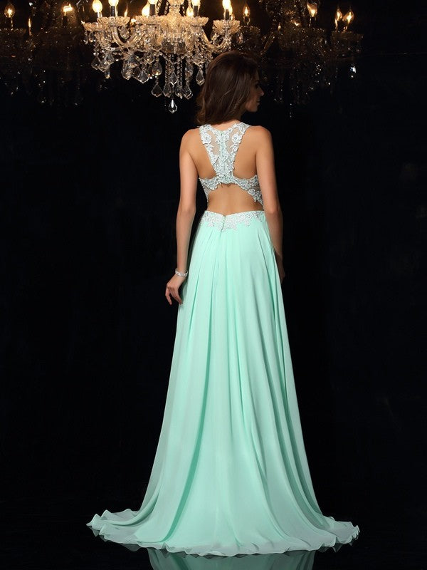 Vestidos largos de fiesta de gasa sin mangas, corte en A, cuello alto, apliques elegantes, corte en A, largos, con cuello alto y sin mangas.