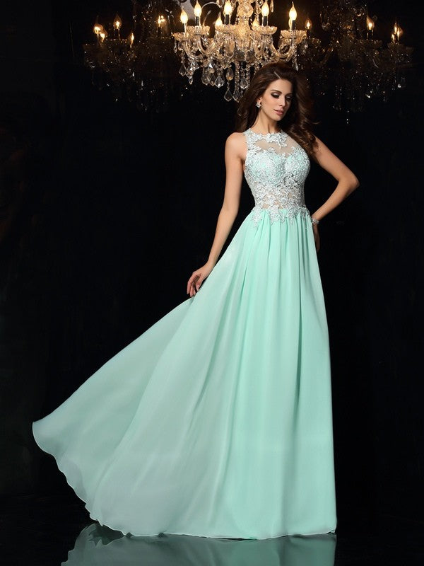 Vestidos largos de fiesta de gasa sin mangas, corte en A, cuello alto, apliques elegantes, corte en A, largos, con cuello alto y sin mangas.