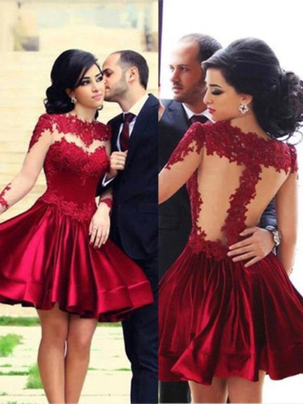 Vestidos de fiesta cortos/mini de satén, corte en A/elegantes, cuello alto, manga larga.