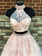 Vestidos de fiesta de dos piezas de corte A/elegantes, cuello alto, sin mangas, con apliques de tul.