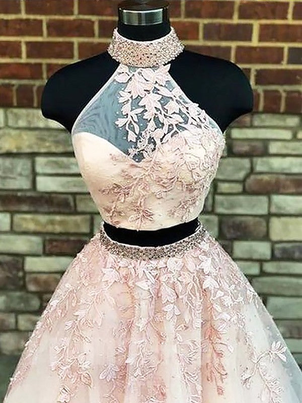Vestidos de fiesta de dos piezas de corte A/elegantes, cuello alto, sin mangas, con apliques de tul.