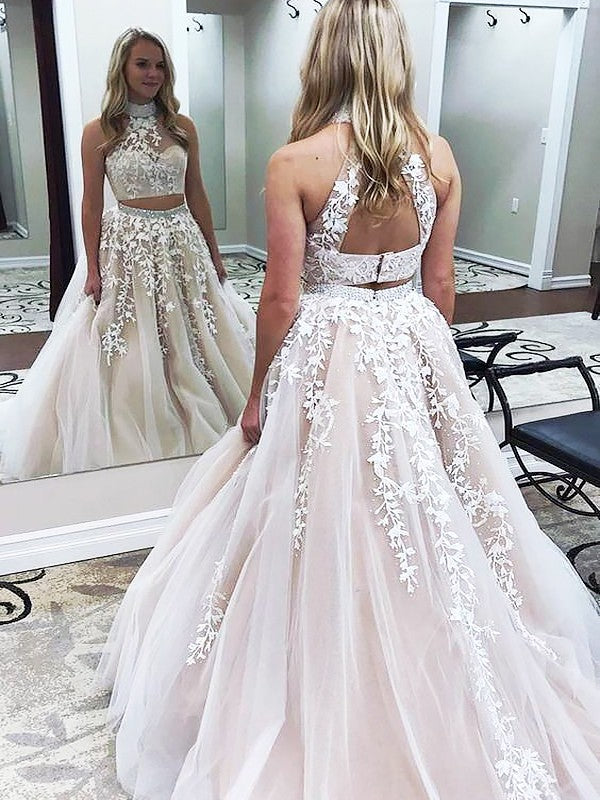 Vestidos de fiesta de dos piezas de corte A/elegantes, cuello alto, sin mangas, con apliques de tul.