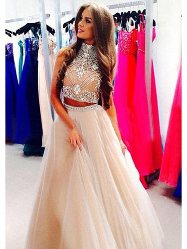 Vestidos de graduación de corte A/elegantes, de cuello alto, sin mangas, con cuentas, de tul y hasta el suelo