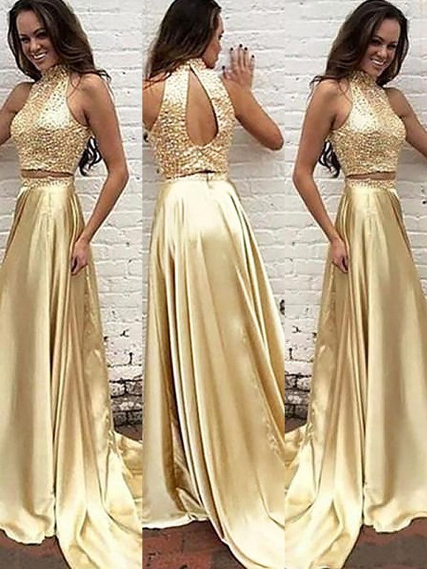 Vestidos de fiesta de dos piezas de corte A/elegantes, de cuello alto, sin mangas, de satén con cuentas.