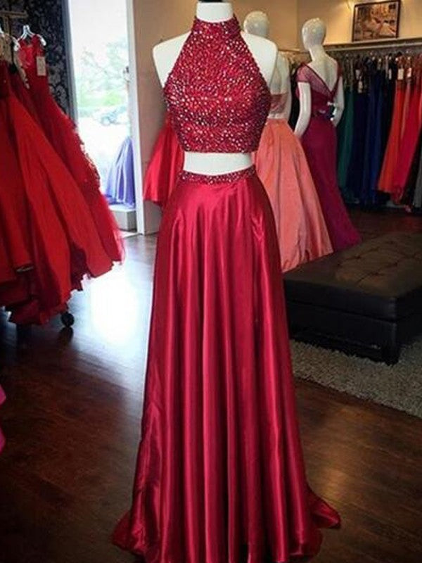 Vestidos de fiesta de corte A/elegantes, de cuello alto y sin mangas, en tafetán satinado tipo seda.