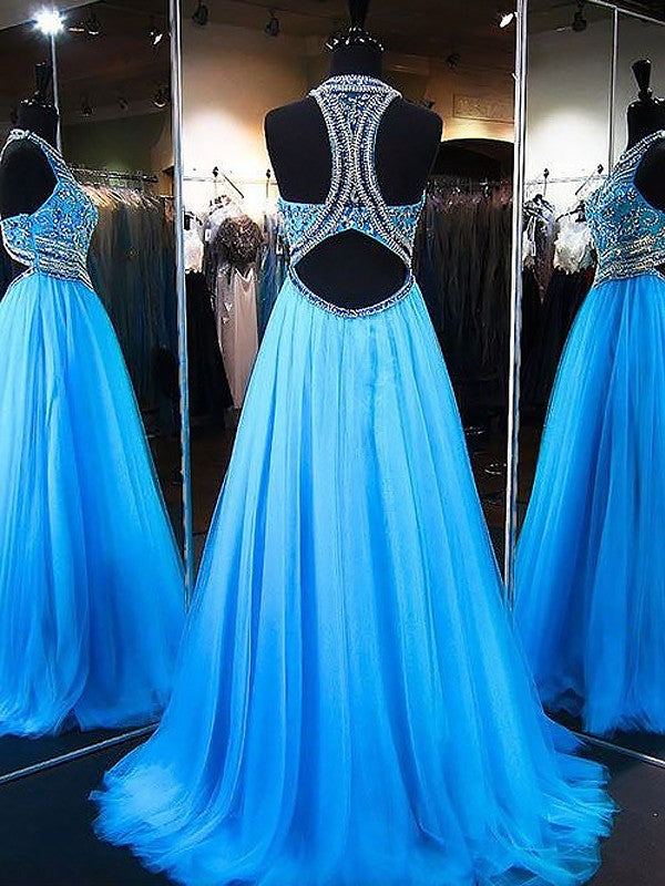 Vestidos de fiesta de tul con cuentas, sin mangas, estilo línea A/elegante con joyas