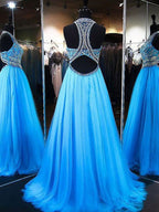 Vestidos de fiesta de tul con cuentas, sin mangas, estilo línea A/elegante con joyas
