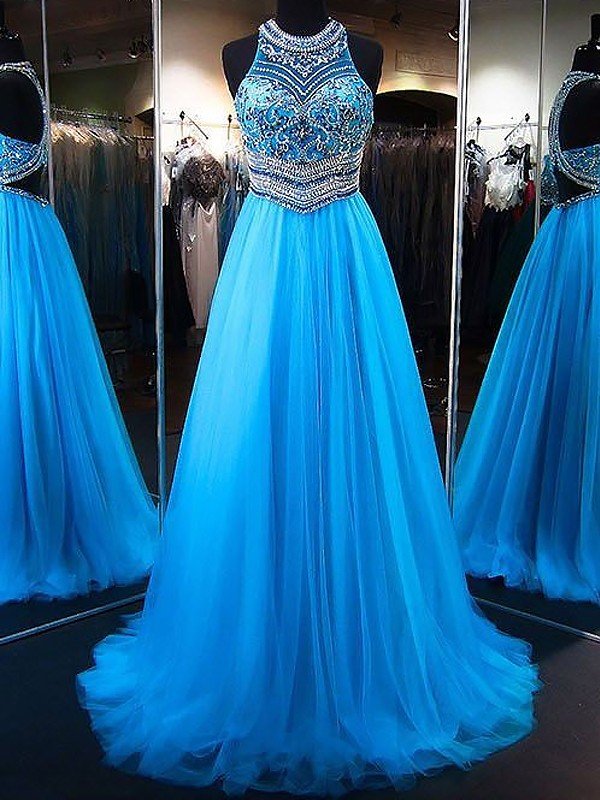 Vestidos de fiesta de tul con cuentas, sin mangas, estilo línea A/elegante con joyas