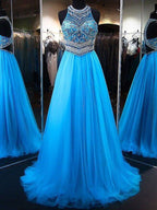 Vestidos de fiesta de tul con cuentas, sin mangas, estilo línea A/elegante con joyas