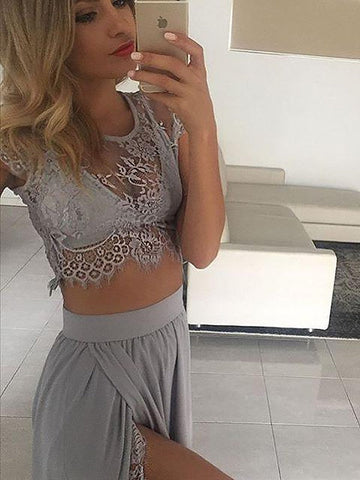 A-Line/Elegant Jewel Sleeveless Satin Floor-Length Lace Two Piece Prom Dresses