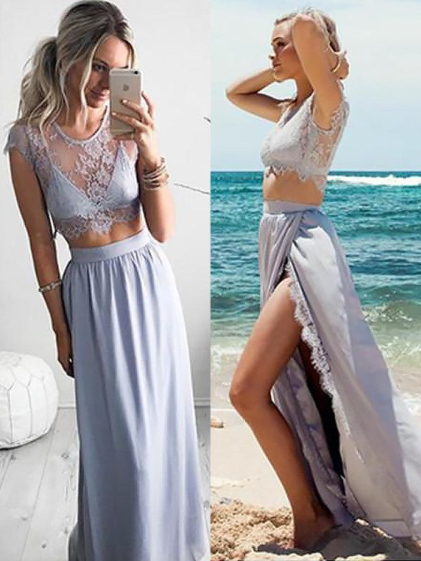 Vestidos de graduación de dos piezas de encaje satinado sin mangas, corte línea A/elegante, sin mangas, hasta el suelo