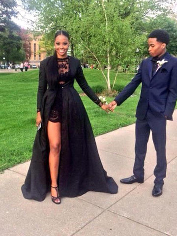 A-Line/Elegant Long Sleeves Jewel Lace Satin Prom Dresses