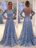 Vestidos de graduación de corte A/elegantes, de manga larga, encaje, largo hasta el suelo, con escote barco y volantes.