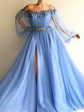 Vestidos de graduación largos hasta el suelo, de corte en A, elegantes, de manga larga, con hombros descubiertos, de tul y con cuentas.
