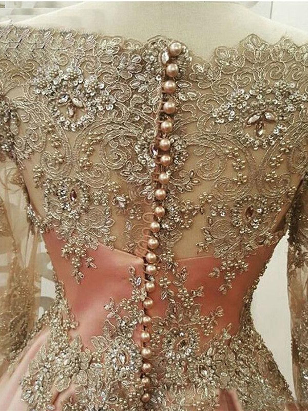 Vestidos de graduación musulmanes de corte línea A/elegantes, de manga larga, escote redondo y largo hasta el suelo, con apliques de tul.