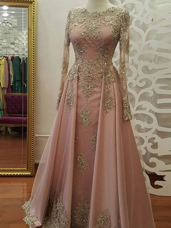 Vestidos de graduación musulmanes de corte línea A/elegantes, de manga larga, escote redondo y largo hasta el suelo, con apliques de tul.
