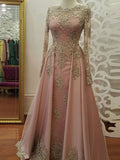 Vestidos de graduación musulmanes de corte línea A/elegantes, de manga larga, escote redondo y largo hasta el suelo, con apliques de tul.