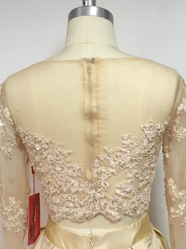 Vestidos de graduación de dos piezas de corte A/elegantes, de manga larga, con escote redondo, apliques de tafetán y largo hasta el suelo.