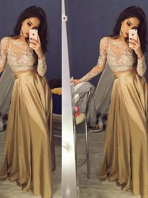 Vestidos de graduación de dos piezas de corte A/elegantes, de manga larga, con escote redondo, apliques de tafetán y largo hasta el suelo.