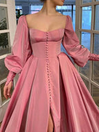 Vestidos de graduación largos hasta el suelo, de satén, con corte en A, mangas largas y volantes cuadrados.