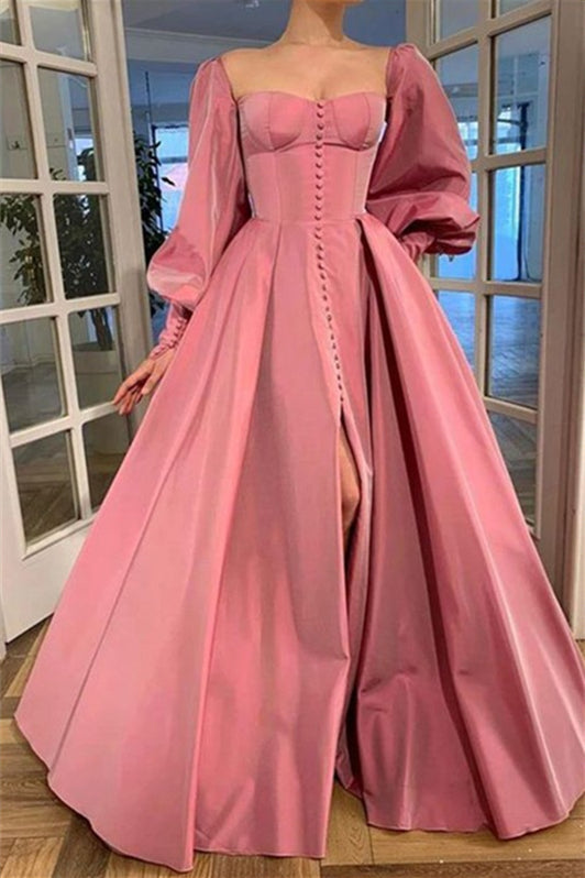 Vestidos de graduación largos hasta el suelo, de satén, con corte en A, mangas largas y volantes cuadrados.