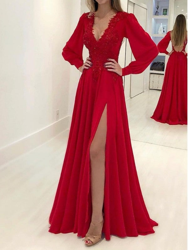 Vestidos de fiesta de gasa con apliques, corte en A, manga larga y elegantes, escote en V y mangas largas.