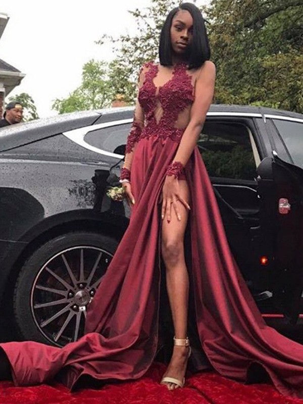 Vestidos de fiesta de satén con apliques, corte en A, manga larga y elegantes, escote en V y mangas largas.