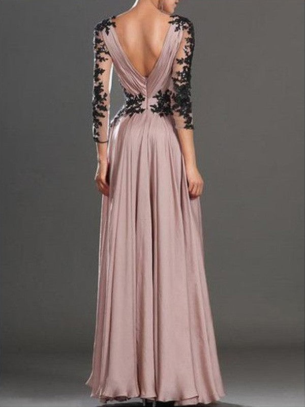 Vestidos de graduación largos hasta el suelo, de corte A/elegantes, con mangas largas, escote en V y apliques de gasa.