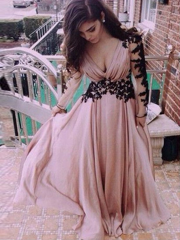 Vestidos de graduación largos hasta el suelo, de corte A/elegantes, con mangas largas, escote en V y apliques de gasa.