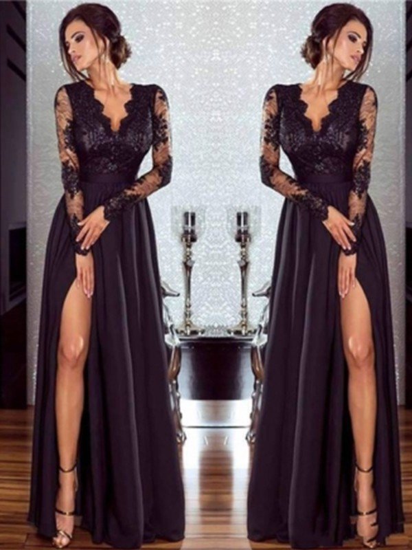 Vestidos de graduación de corte A/elegantes, de manga larga, escote en V, hasta el suelo, con apliques de gasa y encaje.