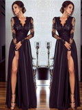 Vestidos de graduación de corte A/elegantes, de manga larga, escote en V, hasta el suelo, con apliques de gasa y encaje.