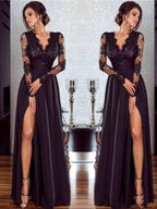 Vestidos de graduación de corte A/elegantes, de manga larga, escote en V, hasta el suelo, con apliques de gasa y encaje.