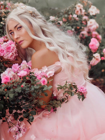 A-Line/Elegant Off-the-Shoulder Applique Tulle Sleeveless Floor-Length Prom Dresses