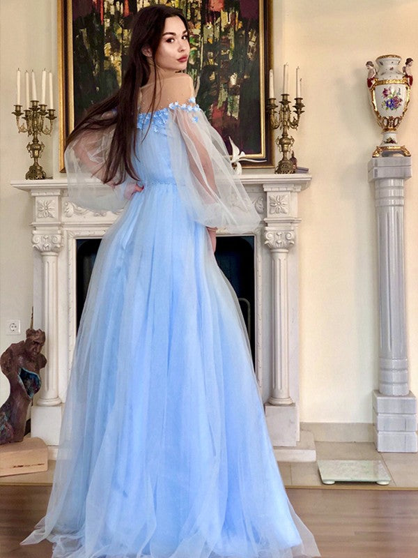 Vestidos de graduación de tul hasta el suelo, corte en A, elegantes, con hombros descubiertos, mangas largas con cuentas y corte sirena.