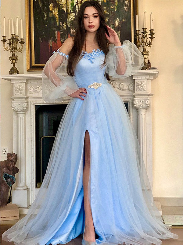 Vestidos de graduación de tul hasta el suelo, corte en A, elegantes, con hombros descubiertos, mangas largas con cuentas y corte sirena.