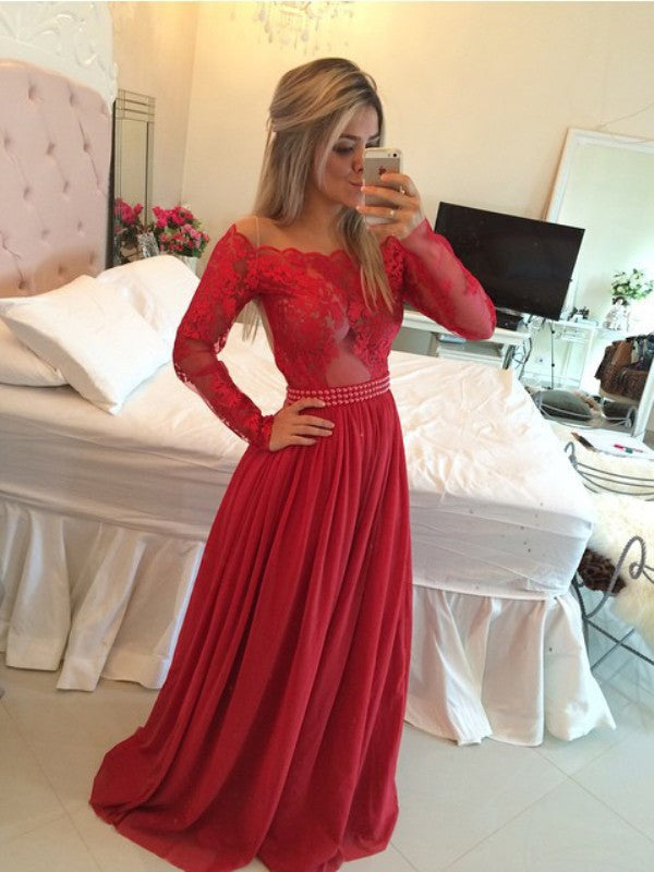 Vestidos de graduación de gasa con apliques, corte en A y elegantes, con hombros descubiertos.