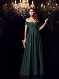 Vestidos largos de fiesta de gasa sin mangas, corte en A, elegantes, con hombros descubiertos y fruncidos.