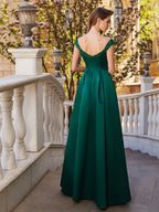 Vestidos de graduación elegantes de satén sin mangas con lentejuelas, corte en A y hombros descubiertos hasta el suelo