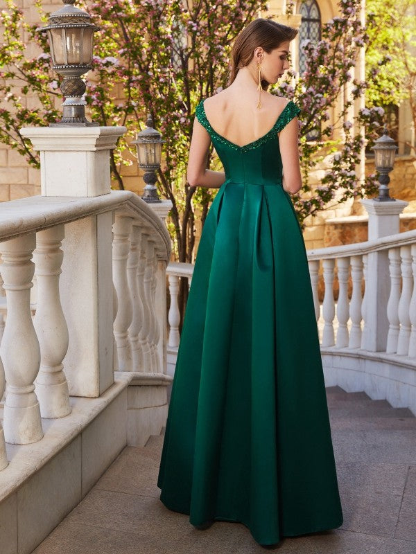 Vestidos de graduación elegantes de satén sin mangas con lentejuelas, corte en A y hombros descubiertos hasta el suelo