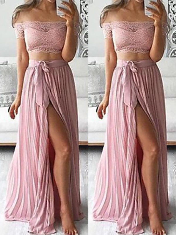Vestidos de graduación de dos piezas de corte A/elegantes, sin mangas, de gasa y encaje, hasta el suelo, con hombros descubiertos y sin mangas.