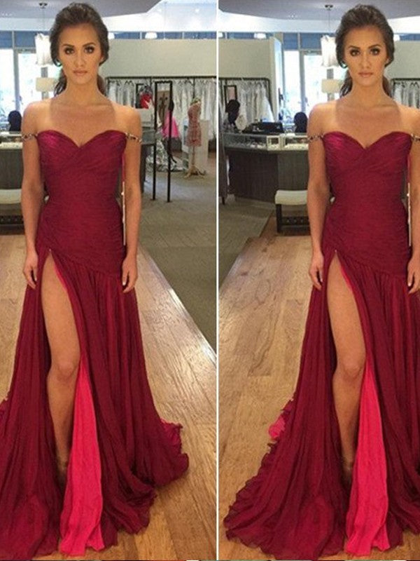Vestidos de graduación de gasa sin mangas, corte en A/elegantes, con hombros descubiertos