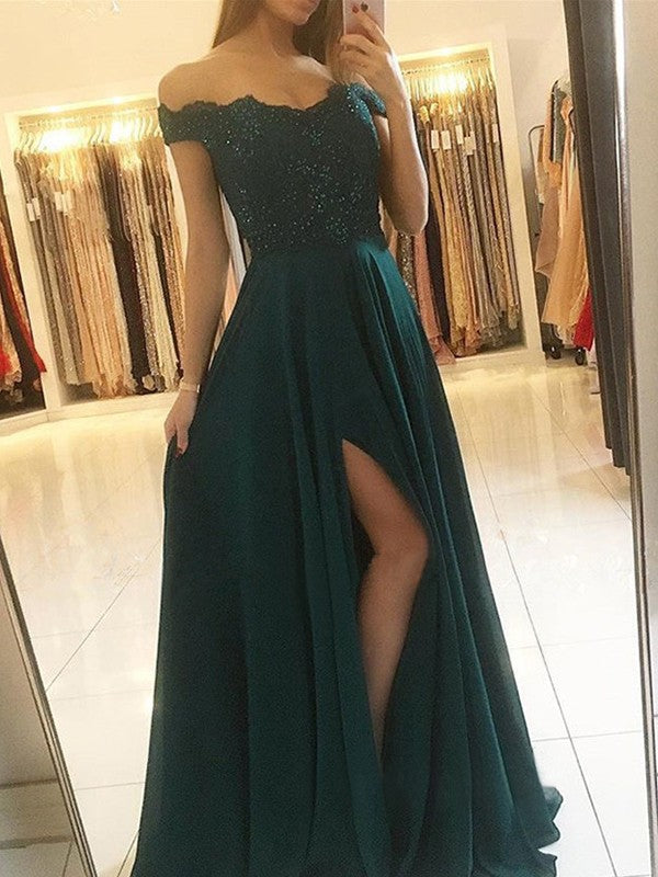 Vestidos de graduación de gasa con cuentas, corte en A, elegantes, sin mangas, con hombros descubiertos y largo hasta el suelo.