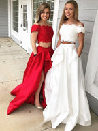 Vestidos de graduación de dos piezas de satén de encaje sin mangas, corte en A/elegantes, con hombros descubiertos y sin mangas