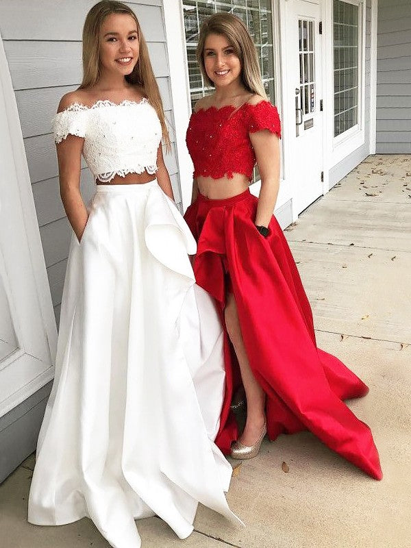 Vestidos de graduación de dos piezas de satén de encaje sin mangas, corte en A/elegantes, con hombros descubiertos y sin mangas
