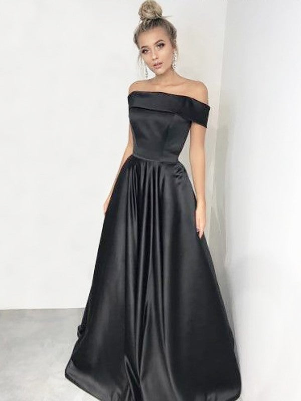 Vestidos de graduación de satén con volantes, sin mangas, corte en A y elegantes, con hombros descubiertos y sin mangas.